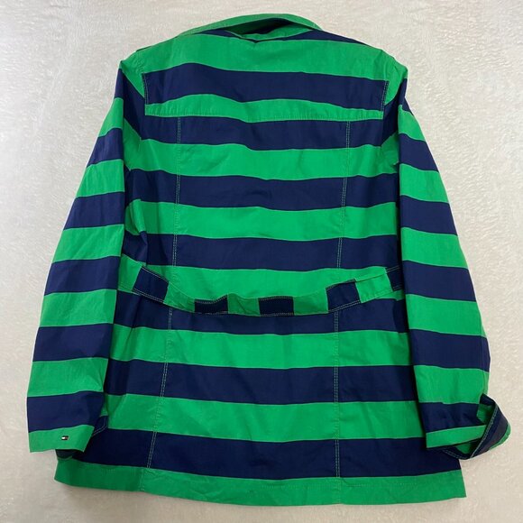 Tommy Hilfiger Belted Rain Trench Coat Jacket Green Blue Color Block Striped - Picture 7 of 10